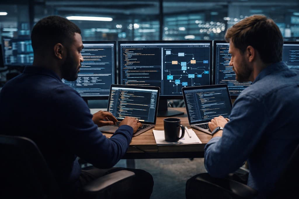 Two engineers collaborating at workstations