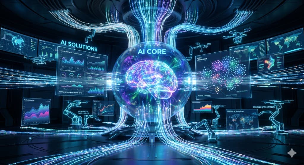 Futuristic AI core with neural network visualization and holographic analytics