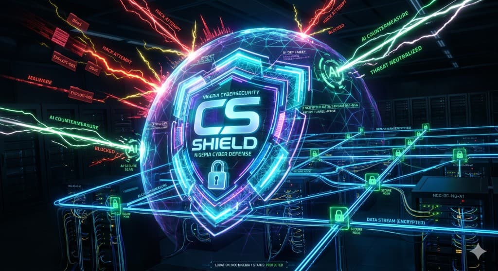Cybersecurity shield protecting a digital network with encrypted streams and defensive systems