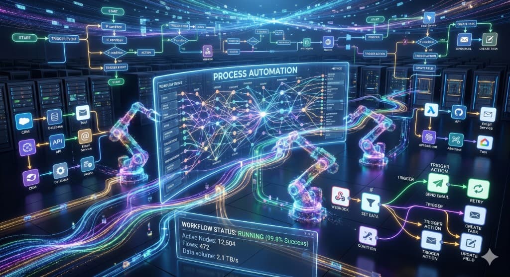 Futuristic workflow automation with interconnected nodes, pipelines, and data streams