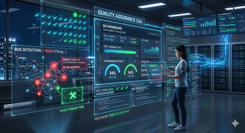 High-tech quality assurance lab with automated testing dashboards and validation metrics
